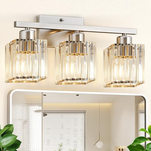 Golspark 3 Light Crystal Bathroom Vanity Light Fixtures Over Mirror  Brushed Nickel Modern Vanity Lighting Fixtures  Wall Sconce Bath Wall Light  E26 Base Square Crystal Shades (Exclude Bulb)