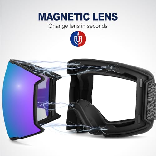 Odoland Magnetic Interchangeable Ski Goggles Set with 2 Lens, Anti-Fog UV Protection Snowboard Snow Goggles for Men Women