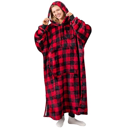 PAVILIA Blanket Hoodie for Women Red, Sherpa Wearable Blanket Men, Cozy Oversized Sweatshirt Blanket, Warm Fleece Hooded B...