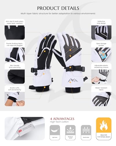 Caracaleap Ski Gloves for Men Women - Winter Snow Windproof Waterproof Skiing Snowboarding for Cold Weather Warm