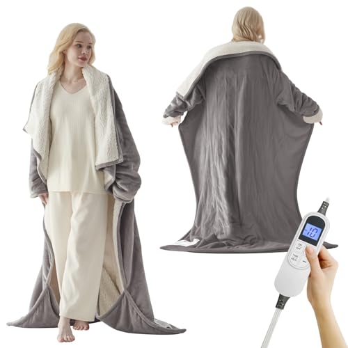 Richtry Electric Blanket Wearable with Foot Pockets & Sleeves, Electric Heated Snuggle Blanket, Flannel & Sherpa Heating T...
