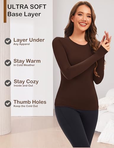 Tfovorlein Womens Long Sleeve Thermal Tops Ladies Fleece Lined Baselayer Undershirt for Winter Cold Weather with Thumb Holes