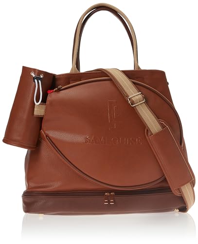 SamLouise Leather Women Large Sports Handbag Tennis Racket Shoulder Bag Tennis Tote Bag with Front Pocket for Tennis Racket