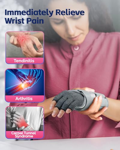 FEATOL Compression Arthritis Glove with Wrist Brace, Comfortable Fingerless Carpal Tunnel Hand Gloves for Women Night Supp...