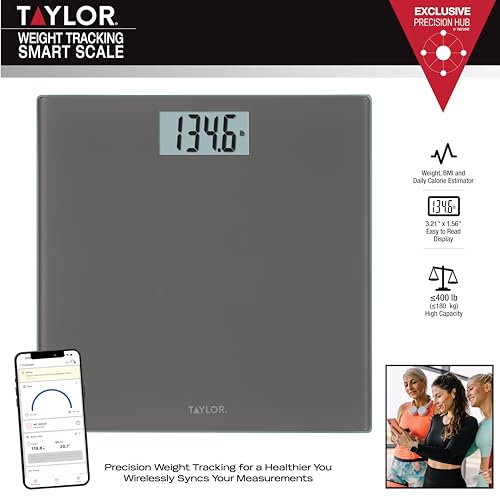 Taylor Smart Bathroom Scale with Precision Hub App, 400 lb Capacity, 8 User Profiles, Bluetooth Sync to 3rd Party Apps, Bo...