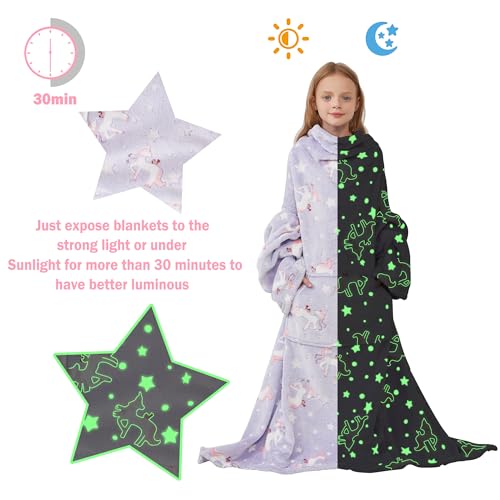 Softan Kids Wearable Fleece Blanket with Sleeves & Foot Pocket for Kids Girls Boys, Lightweight Soft Blanket,Glow in the d...