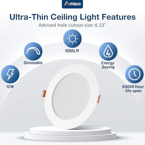 Amico 48 Pack 6 Inch 5CCT Ultra-Thin LED Recessed Ceiling Light with Metal Junction Box, 2700K-5000K Selectable, 12W Eqv 1...