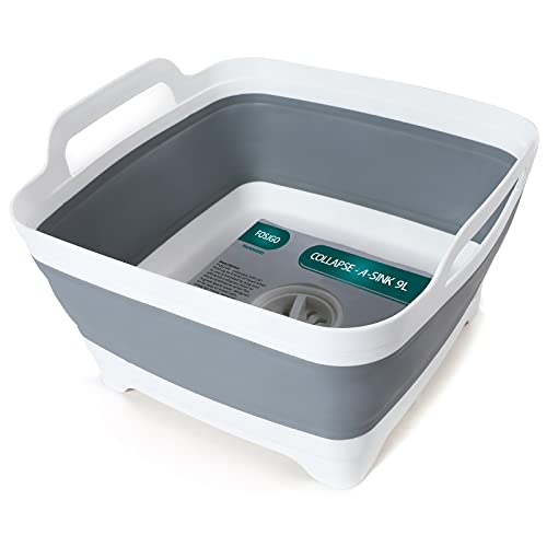 FOSJGO 2.4 Gal(9L) Collapsible Dish Basin with Drain Plug,Space Saving Multiuse Foldable Sink Tub,Dishpan,Kitchen Sink for...