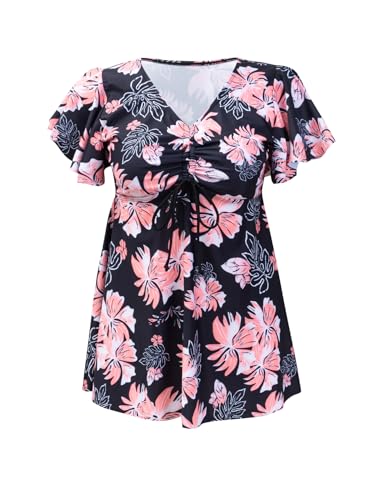Fanuerg Women's Flowy Tankini Top Only Ruffle Sleeve Swim Bathing Suit Tops Modest Drawstring Swimsuit Top No Bottom