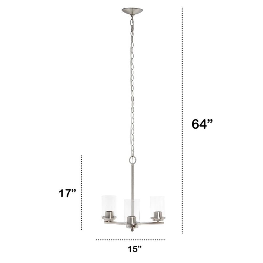 LALIA HOME 3-Light Pendant Chandelier, Clear Glass & Metal, 15in Brushed Nickel, Model LHP-3012, Ideal for Kitchen, Foyer, Living Room