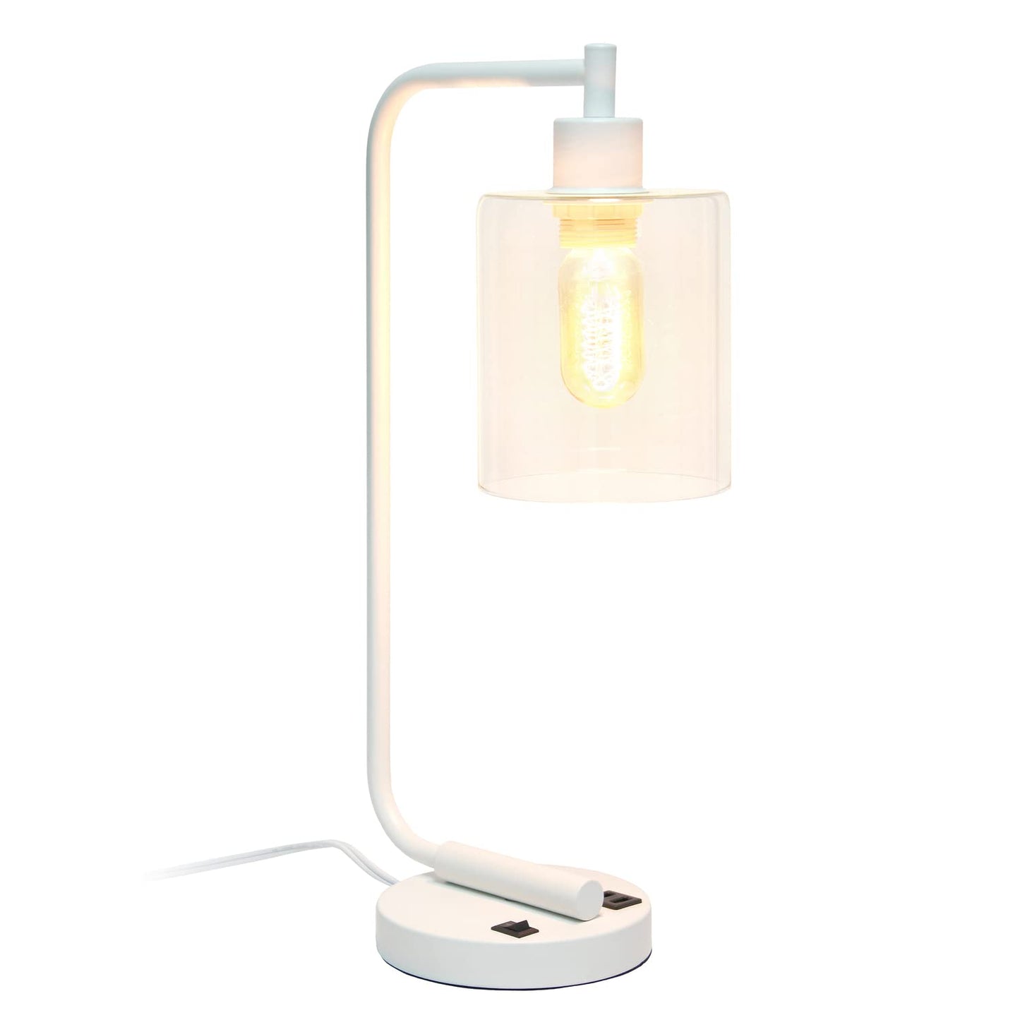 Simple Designs Bronson Industrial Iron Lantern Desk Lamp with Dual USB Ports, Glass Shade, White, Model LD1066-WHT