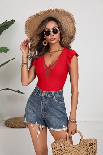 AI'MAGE One Piece Swimsuits for Women Sexy Mesh Deep V Neck Bathing Suit Ruffle Cap Sleeve Tummy Control Swimwear S-XXL
