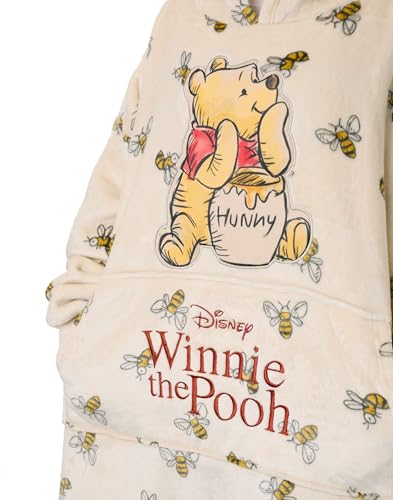Disney Winnie The Pooh Womens Wearable Blanket Hoodie | Adults Beige Hooded Pullover with Teddy Bear Character and Bumble