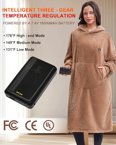 SEMANJLL Wearable Heated Blanket,Oversized Fleece Heated Hoodie Powered by 7.4V 16000mAh Battery