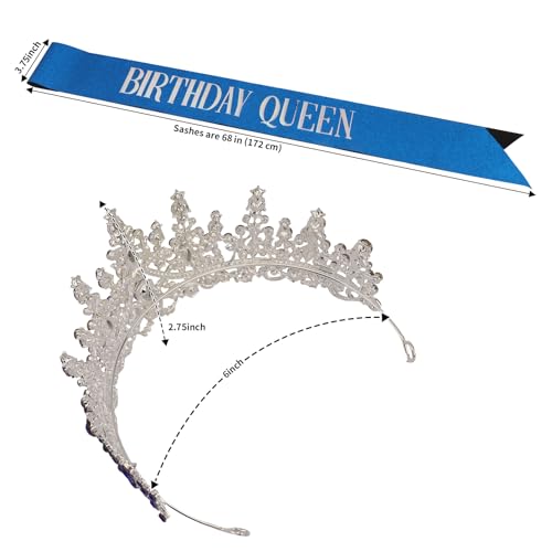 COCIDE Blue Birthday Queen Sash for Women Happy Birthday Crowns Princess Tiaras Sashes for Girl Crystal Party Decorations ...