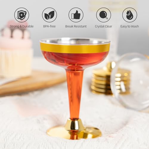 Lullaby 50PCS 5oz Plastic Champagne Coupe Glasses with Gold Rim, Elegant Plastic Champagne Glasses, Unbreakable and Crysta...