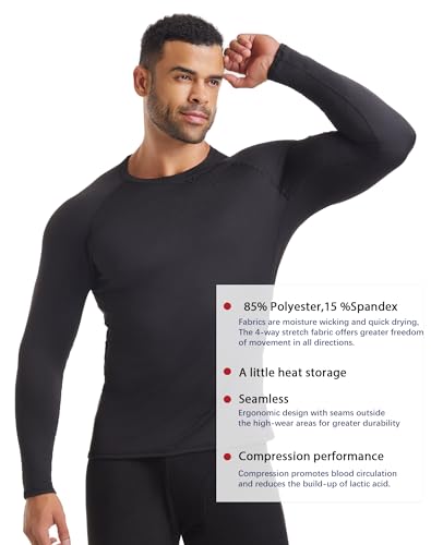 HovSiyla 3 Pack Men's Thermal Underwear Shirts Compression Fleece Lined Long Sleeve Athletic Base Layer Cold Weather