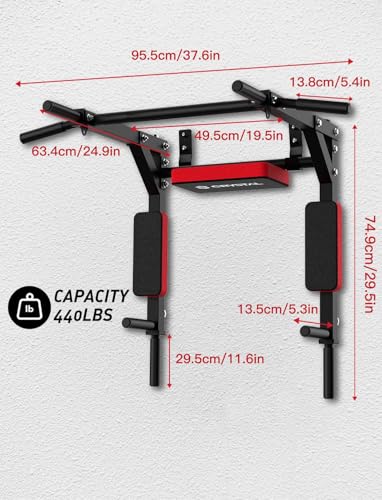 CRYSTAL FIT Multifunctional Wall Mounted Pull Up Bar, Chin Up Bar and Dip Station, Heavy Duty Steel Supports to 440 Lbs, H...