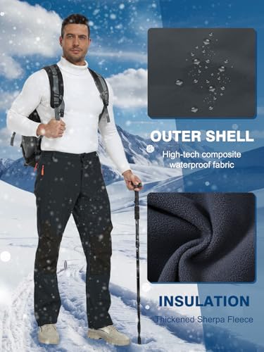 SPOSULEI Mens Ski Waterproof Insulated Pants Fleece Lined Softshell Snow Hiking Snowboard Outdoor Pants with Zipper Pockets