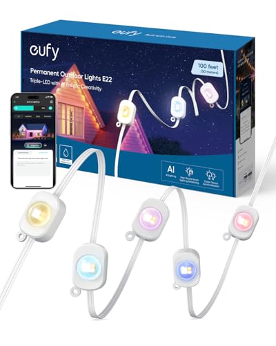 eufy Permanent Outdoor Lights E22, 100ft with 60 Triple-LED Lights, Smart RGBWW for Christmas, Daily and Holiday, Up to IP...