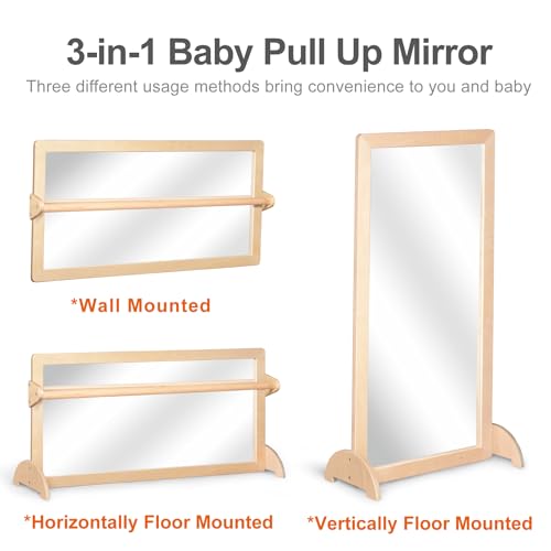 KRAND 3-Position Montessori Wood Frame Non-Shatter Safety Pull Up Bar Baby Big Mirror Set, Infant Coordination Mirror, Kid...