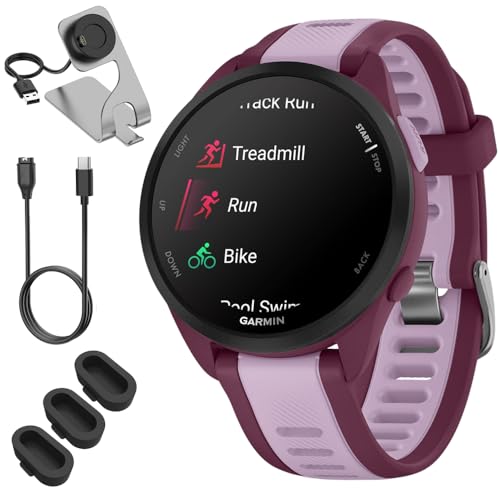 Garmin 010-02863-33 Forerunner 165 Music Smart Sport Watch, Berry + Lilac Bundle with Deco Essentials Charging Dock, 3X Si...