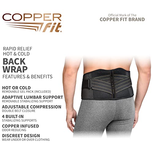 Copper Fit Unisex Adult Rapid Relief Back Support Brace with Hot/Cold Therapy, Black, Adjustable