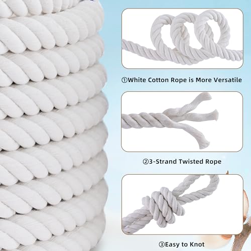 White Cotton Rope 1/2in × 50ft Natural Twisted,Available as Used for Tug of War, Navigation, Fitness and Making Handicraft...