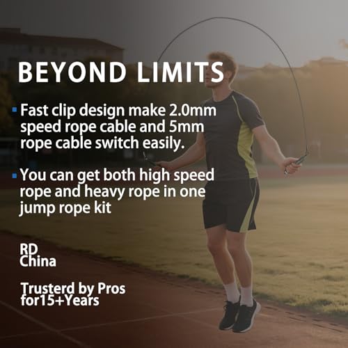 MOGOLD Speed Jump Rope with Weights - Interchangeable 2mm & 5mm Dual Cables Fast-Clip System for CrossFit, Double Unders, ...