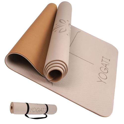 YOGATI® Yoga Mat with Strap with Alignment Lines. Home Workout Mat for Women, Men and Kids. Thick Non Slip Yoga Mat for Pi...
