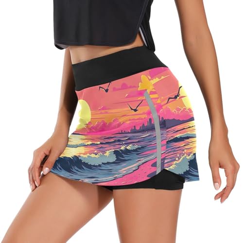 FLildon Sunset Beach Seagulls Tennis Skorts Skirts for Women Workout Athletic Skirt High Waisted with Pocket