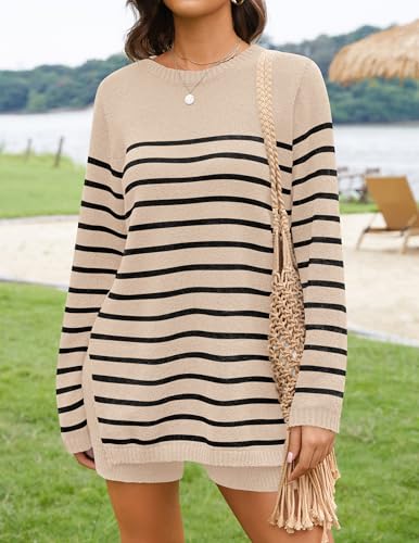 NENONA Women's Spring Summer Sweater Sets 2 Piece Beach Vacation Outfits Long Sleeve Casual Tops & Shorts Loungewear
