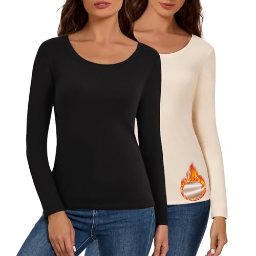 Bonneuitbebe Women's Thermal Shirt 2 Pack Long Sleeve Crewneck Fleece Lined Undershirt Ultra Soft Base Layer Tops