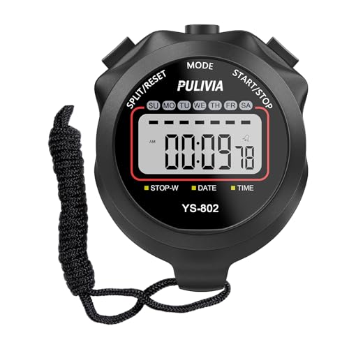 PULIVIA Stopwatch Timer Lap Split Digital Stopwatch with Clock Calendar Alarm, Large Display Stop Watch for Sports Kids Co...