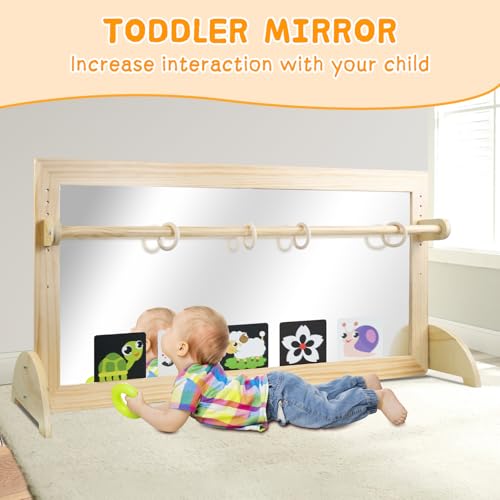LAKNUAL Montessori Mirror with Bar, Adjustable Wood Baby Pull Up Bar, Floor & Wall Shatterproof Safety Infant Coordination...