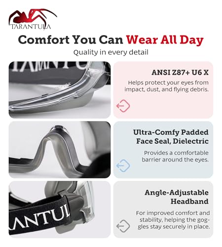 Tarantula ANSI Z87.1+ Safety Goggles Over Glasses, Anti-Fog & Anti-Scratch, Adjustable Strap, Lab Eye Protection, Woodworking