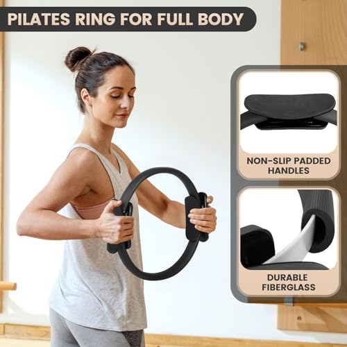 Pilates Essentials Kit for Home Workouts Women, Black Pilates Equipment Set with 9 Inch Yoga Ball, Pilates Slider, Resista...