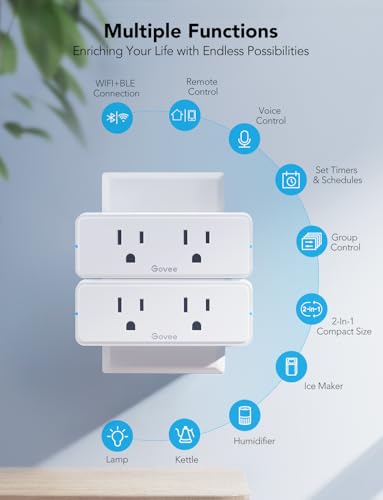 Govee Dual Smart Plug 4 Pack, 15A WiFi Bluetooth Outlet, Work with Alexa and Google Assistant, 2-in-1 Compact Design, Gove...
