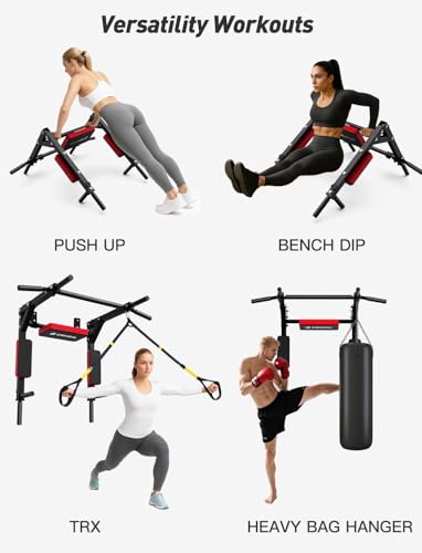 CRYSTAL FIT Multifunctional Wall Mounted Pull Up Bar, Chin Up Bar and Dip Station, Heavy Duty Steel Supports to 440 Lbs, H...
