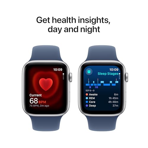 Apple Watch SE (2nd Gen) [GPS 44mm] Smartwatch with Silver Aluminum Case with Denim Sport Band M/L. Fitness and Sleep Trac...