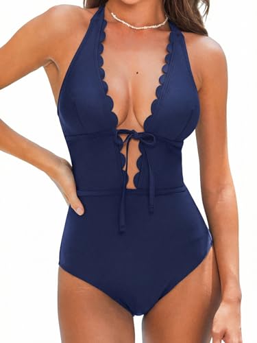 CUPSHE Women's One Piece Swimsuit Bathing Suits Halter Deep V Neck Self Tie Cutout Scalloped Swimwear