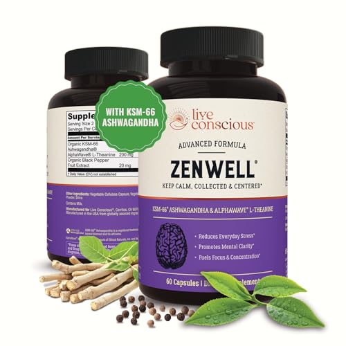 Live Conscious KSM-66 Ashwagandha Supplement w/L Theanine & AlphaWave - ZenWell Everyday Stress Relief, Cognitive, Brain H...