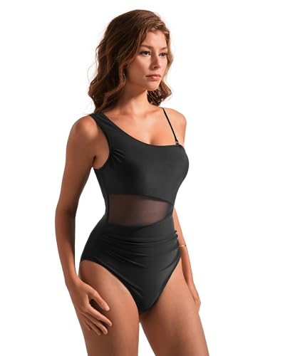 SUUKSESS Women Mesh One Shoulder One Piece Swimsuit Tummy Control Bathing Suit