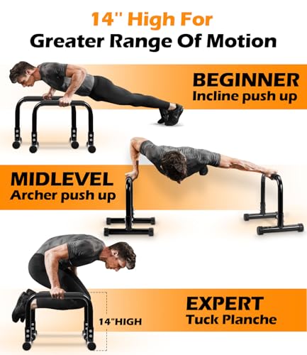 TABEKE Push Up Bar, 14'' High Steel Parallettes & Dip Bar with Full Coverage Foam Handle, Heavy-Duty Calisthenics Parallel...