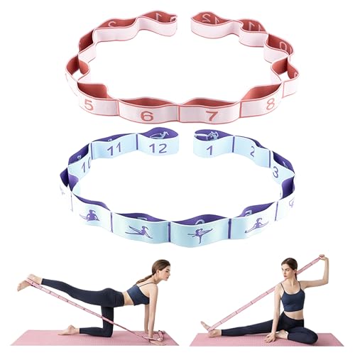 2PCS Elastic Yoga Stretching Strap with 12 Loops Stretch Resistance Exercise Bands for Yoga,Pilates,Dance,Rhythmic Gymnast...