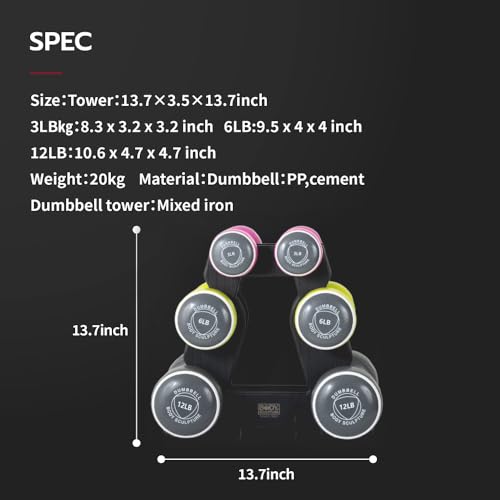 Body Sculpture hand weights set Free‑Weight Dumbbell Set with Rack Set includes 3, 6 and 12 lb weights ideal for men and w...