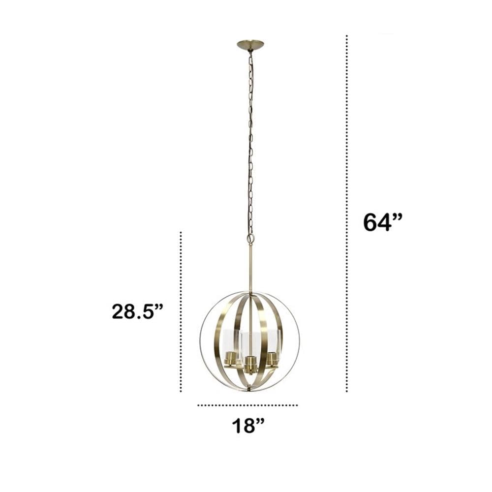 LALIA HOME 3-Light Adjustable Ceiling Pendant, Iron & Glass, 18inx18inx64in, Antique Brass, Model 1270-LHP-3010-AB