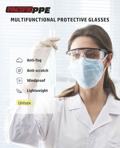 PACIFIC PPE 2 Pack Safety Glasses for Men and Women, ANSI Z87 Anti-fog Eyewear with Scratch Resistant Clear Wraparound Len...