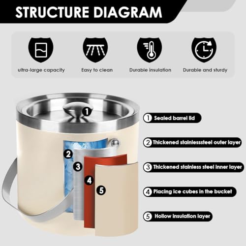 3L Beige-White Double Wall Insulated Stainless Steel Ice Bucket with Scoop for Cocktail Bar,Metal Ice Bucket for Freezer w...