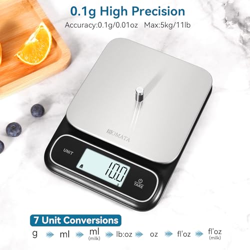 BOMATA Waterproof IPX6 Kitchen Scale, 0.1 g/0.01 oz High Precision, 5 kg/11 lbs, Digital Scale with Backlight, Stainless S...